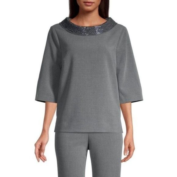 Trina Turk Women Heather Gray Embellished‎ Roll Neck Blouse | Missing Beads - Picture 1 of 10